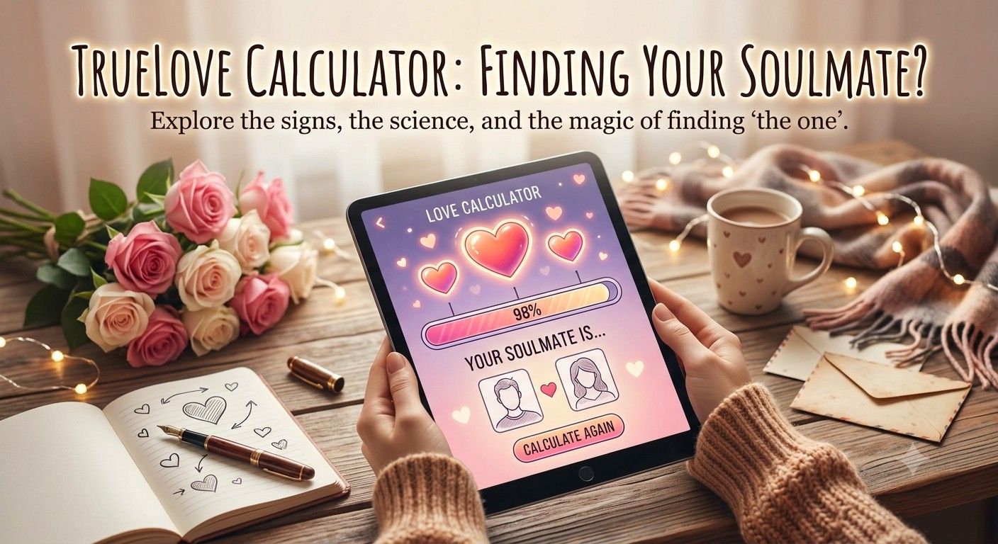 True Love Calculator Soulmate - Free online love compatibility test showing heart and romantic couple illustration